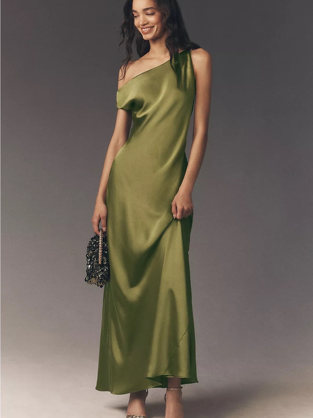 Anthropologie Olive One-Shoulder Satin Maxi Dress